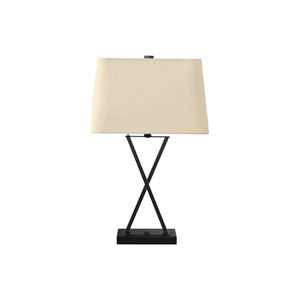 Transitional Table Lamp, 25' H, Black Metal X-Frame with Beige Linen Shade, USB Charging Port Included