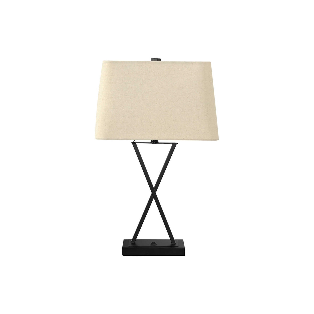 Transitional Table Lamp, 25' H, Black Metal X-Frame with Beige Linen Shade, USB Charging Port Included