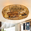 19' Caged Ceiling Fans with Lights and Remote, Boho Flush Mount Ceiling Fan with Light, Low Profile Chandelier 6 Speed Bladeless Reversible Ceiling Fan w/ 4 Bulbs. for Living Room Bedroom.