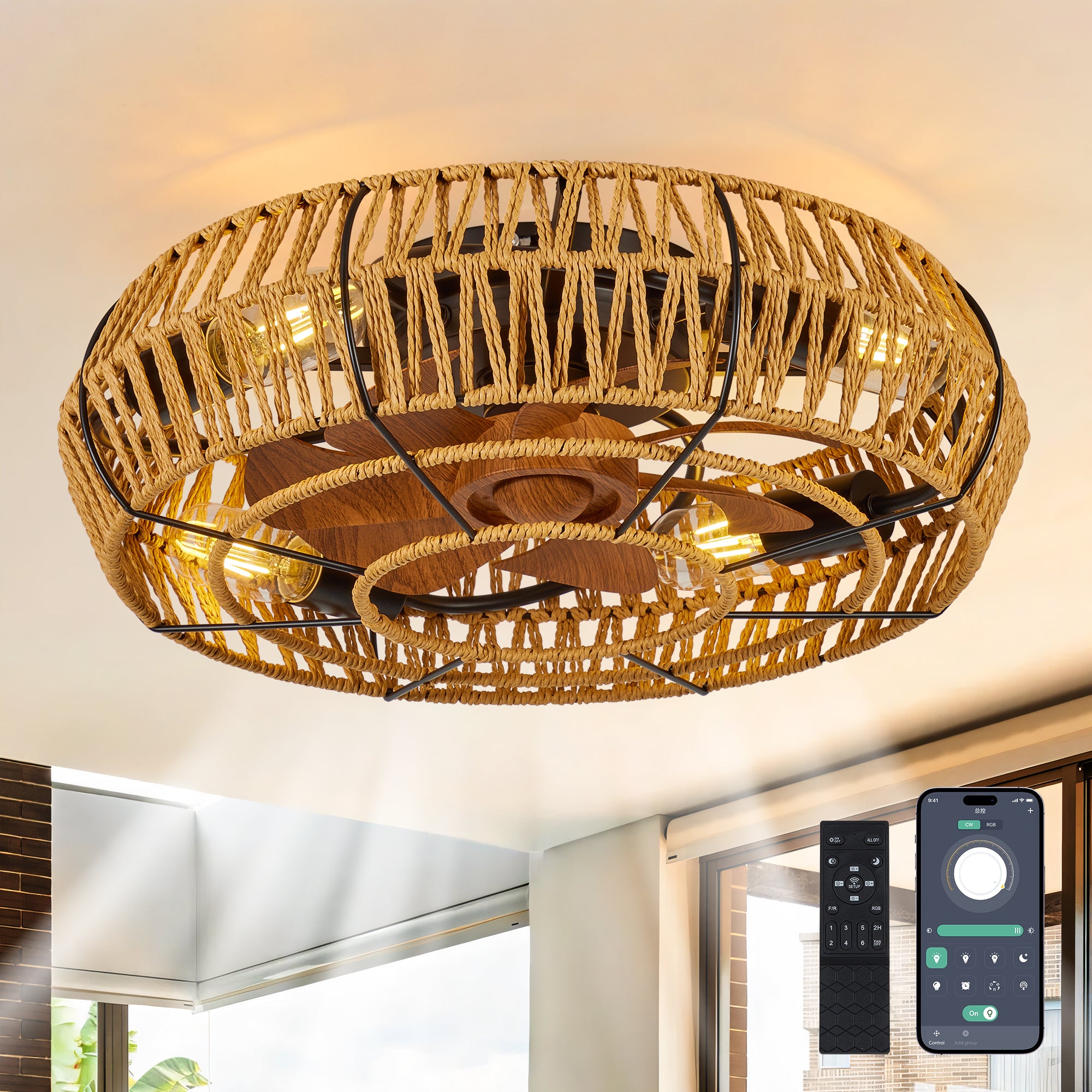 19' Caged Ceiling Fans with Lights and Remote, Boho Flush Mount Ceiling Fan with Light, Low Profile Chandelier 6 Speed Bladeless Reversible Ceiling Fan w/ 4 Bulbs. for Living Room Bedroom.