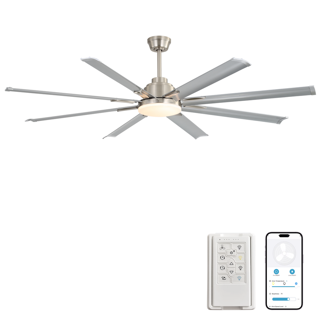 84-inch DC Motor Ceiling Fan with Dimmable Light and 8-Blade Aluminum Silver Blades in Nickel Finish