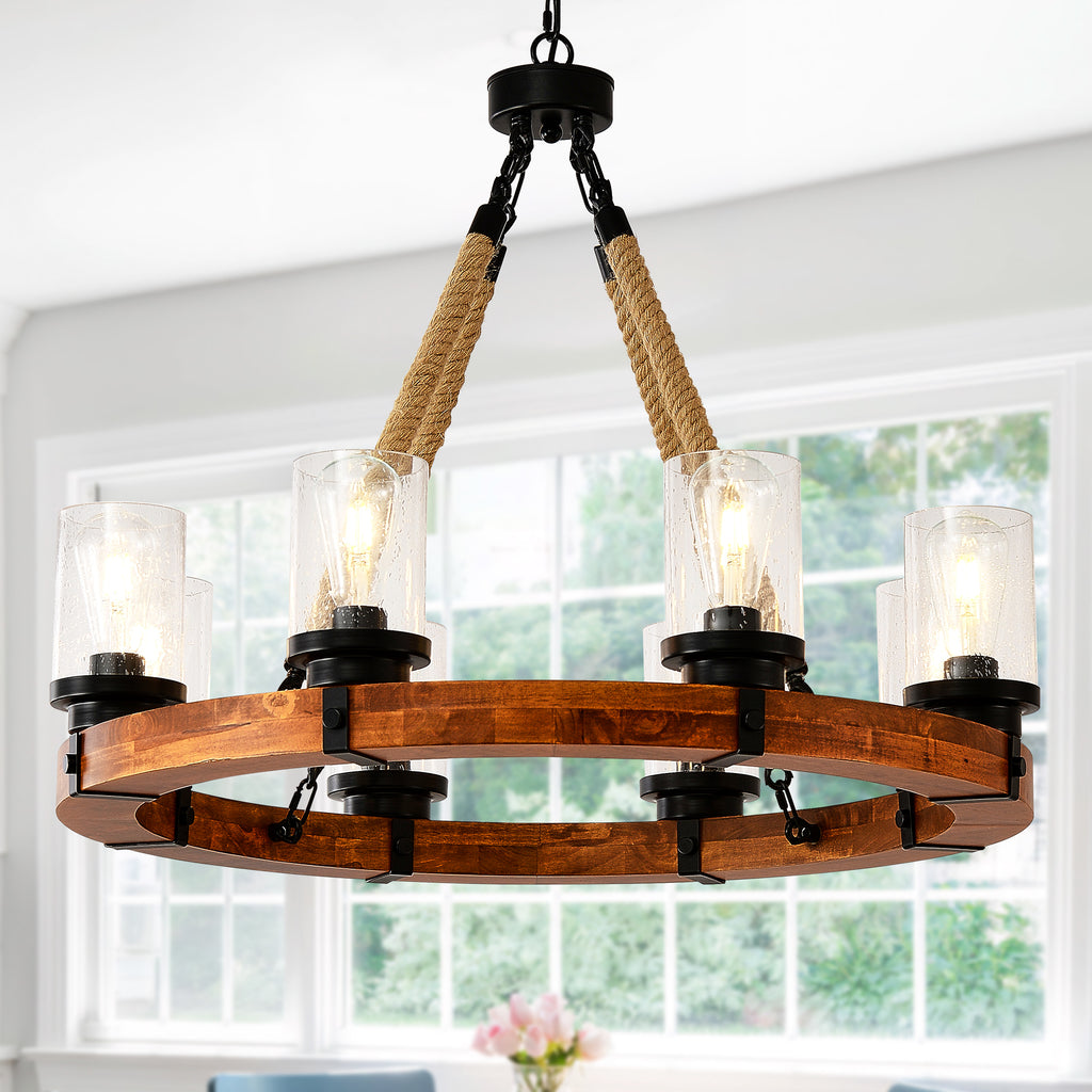8 Light Rustic Wagon Wheel Chandelier,31'Wooden Pendant Light with Seeded Glass Shade, Industrial Chandeliers for Dining Room Kitchen lsland Foyer (Solid One-Piece Wood Frame Design)-NO INCLUDED BULBS