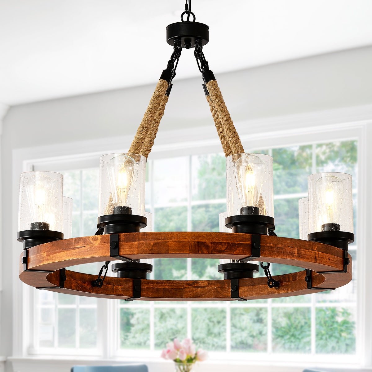 8 Light Rustic Wagon Wheel Chandelier,31'Wooden Pendant Light with Seeded Glass Shade, Industrial Chandeliers for Dining Room Kitchen lsland Foyer (Solid One-Piece Wood Frame Design)-NO INCLUDED BULBS