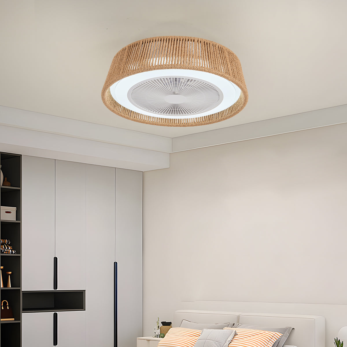 21' Modern Rustic Ceiling Fan Light with LED RGB Mood Lighting, Rope Woven Design, Quiet Fan, Semi Flush Mount for Bedroom, Living Room, or Dining Room ((Silent/6-Speed/Reversible/DC Motor))