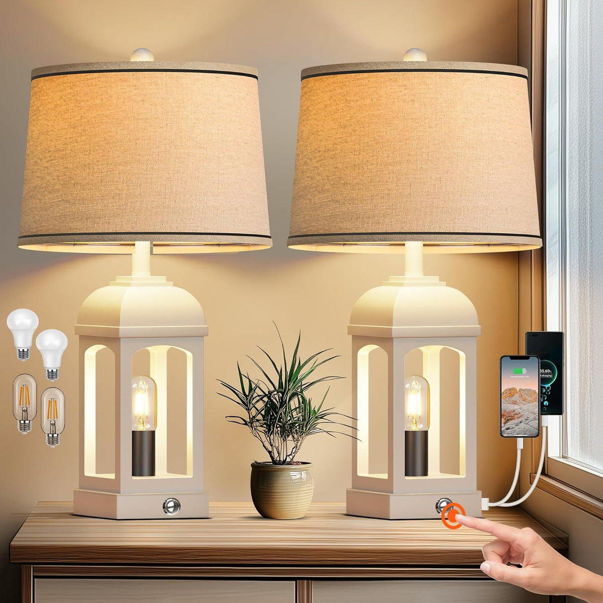 Table Lamp for Living Room, Farmhouse Lamps Set of 2 with USB A+C and Nightlight, 26' Rustic Bedside Lamps with 3-Way Dimmable, Touch Nightstand Lamp for Bedroom, White