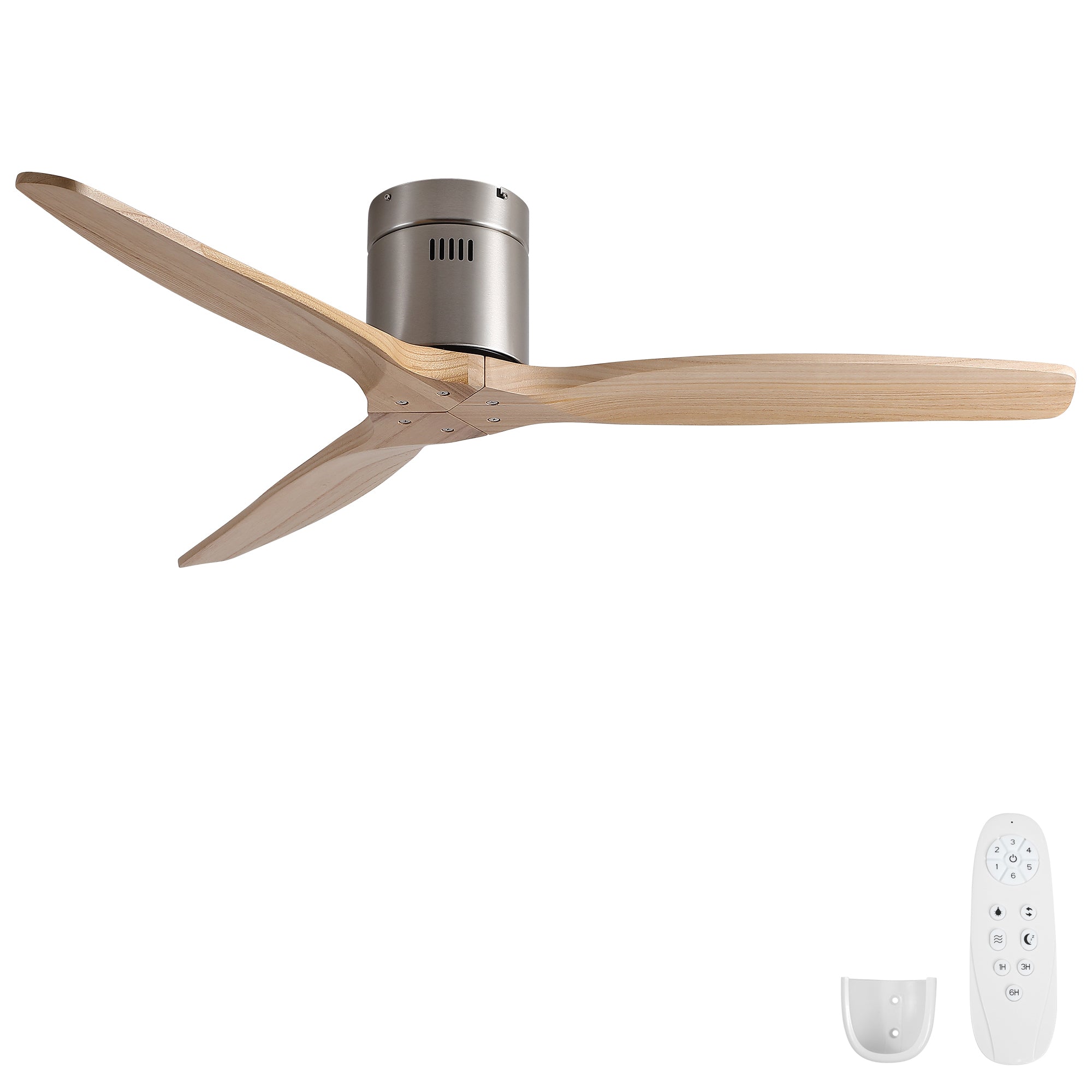 52 inch Low Profile Flush Mount Ceiling Fan without Light Mordern Natural Style Rustic Elegance Brushed Nickel Light Yellow Solid Wood Blades for Bedroom Living Room
