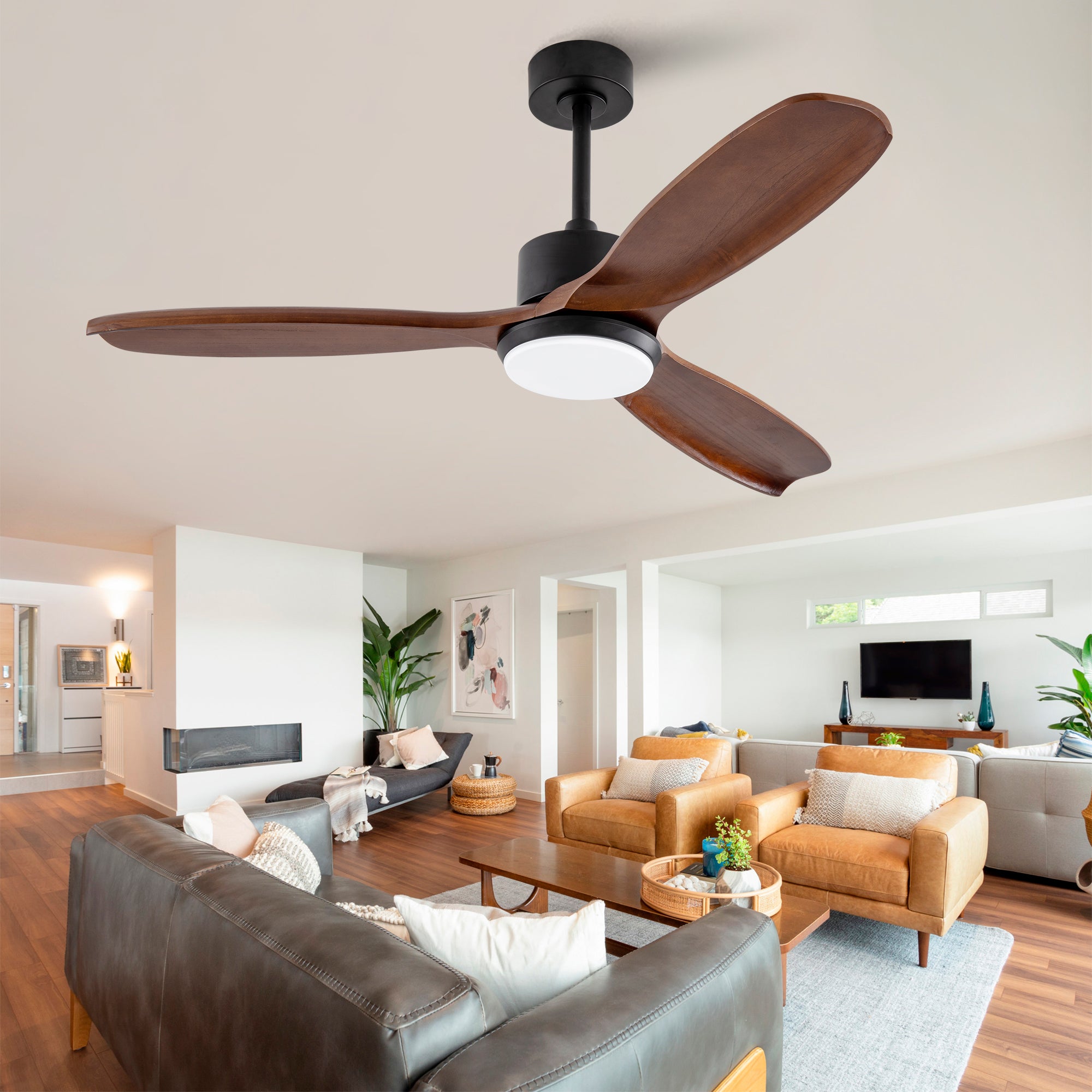 52' Wood Ceiling Fan with Lights Remote Control,Quiet DC Motor 3 Blade Ceiling Fans for Patio Living Room, Bedroom, Office,Indoor Outdoor(Black+Dark Walnut)