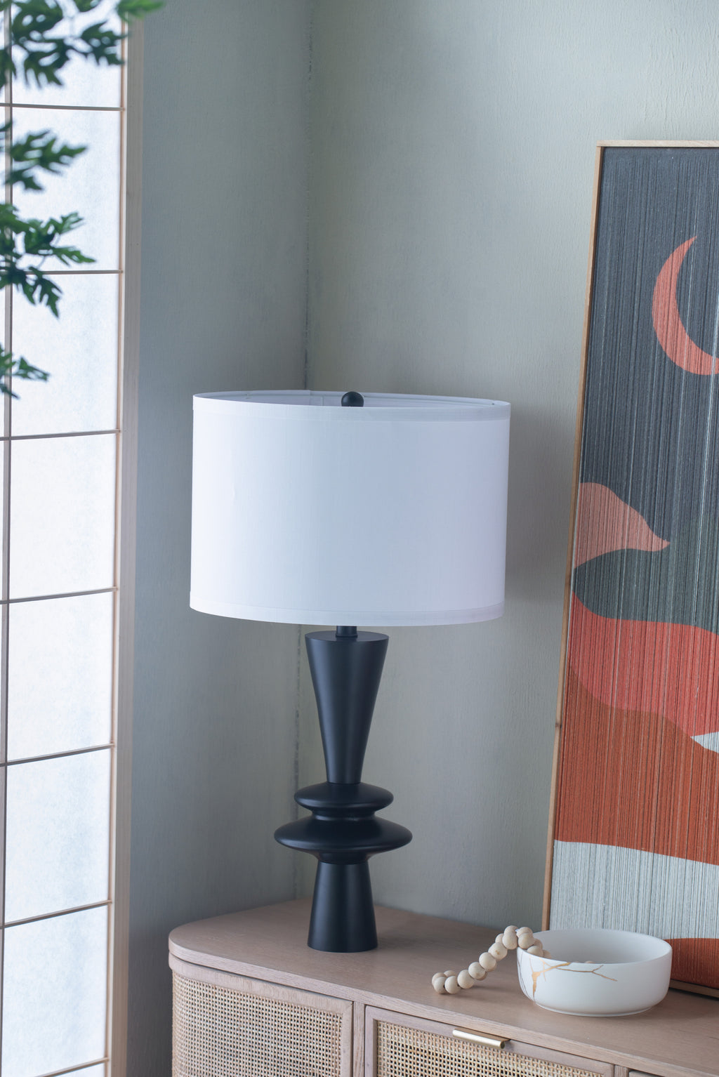 D15x26.7' Black Aluminum Table Lamp with Two Varying Round Accents and White Drum Shade(Lamp Shade Assembly Required)