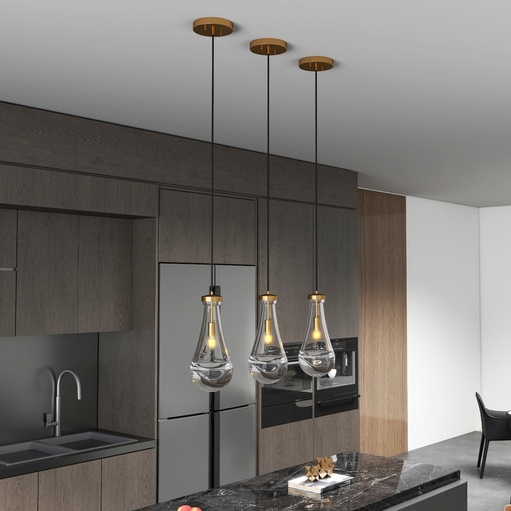 Modern Raindrop Pendant Lights, Pendant Lights for Kitchen Island, Brass Rod Dining Room Light Fixture, Clear Solid Raindrop Chandelier, Chandelier for Living Room Hallway,Not including Bulb