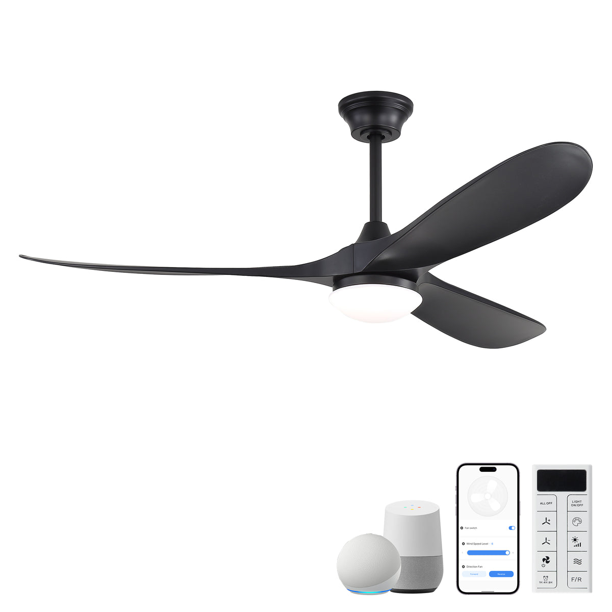 60 Inch Smart Ceiling Fan with Lights in Black, 3 ABS Blades, Reversible Quiet DC Motor for Indoor Bedroom Farmhouse