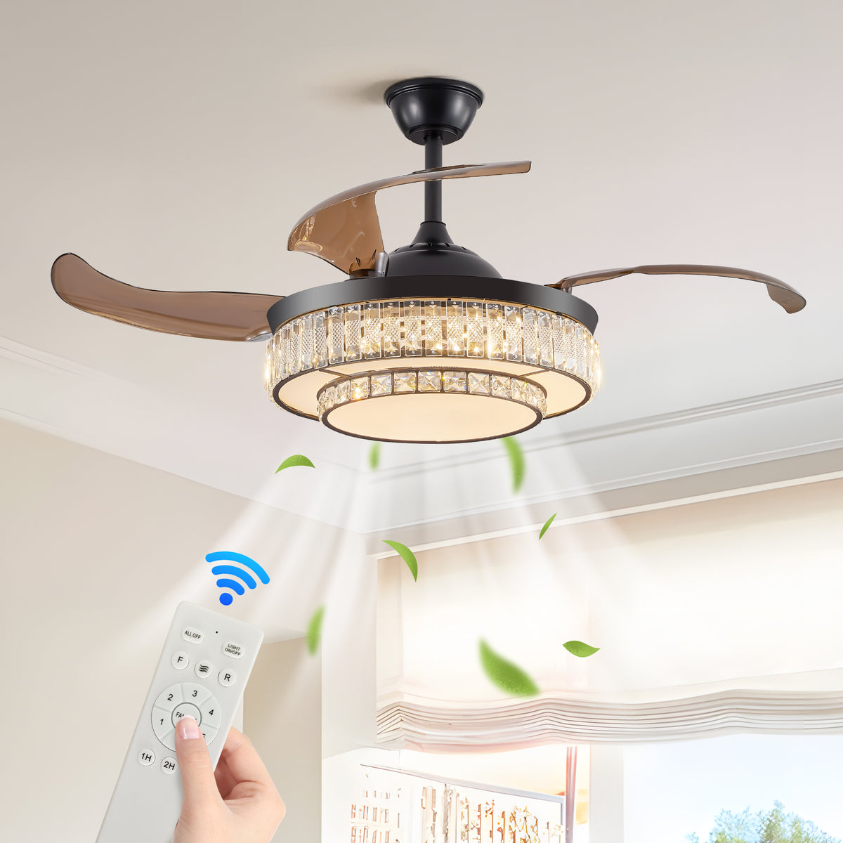 48' Contemporary Crystal LED Retractable Ceiling Fan with Light and Remote Control, 6-Speed Quiet Reversible DC Motor,4 Blades Modern Ceiling Fans for Kitchen Bedroom Dining Room Patio