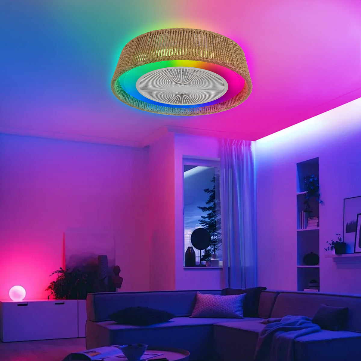 21' Modern Rustic Ceiling Fan Light with LED RGB Mood Lighting, Rope Woven Design, Quiet Fan, Semi Flush Mount for Bedroom, Living Room, or Dining Room ((Silent/6-Speed/Reversible/DC Motor))