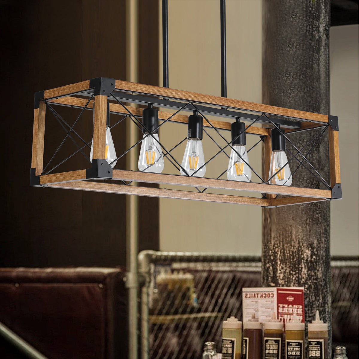 32' Walnut Industrial Farmhouse Rectangle Pendant Light, 5-Light Chandelier for Dining Room, Kitchen Island, Cafe Decor (No Bulbs)