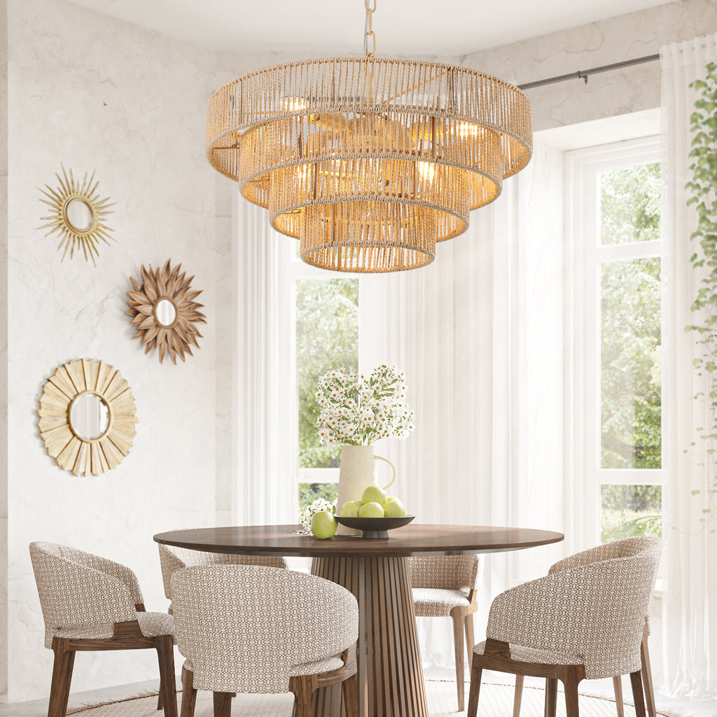 20' Modern 4-Layer Woven Hemp Rope Chandelier, Boho Style Pendant Light, Elegant Hanging Light Fixture for Living Room, Dining Room, Bedroom (No Bulbs)