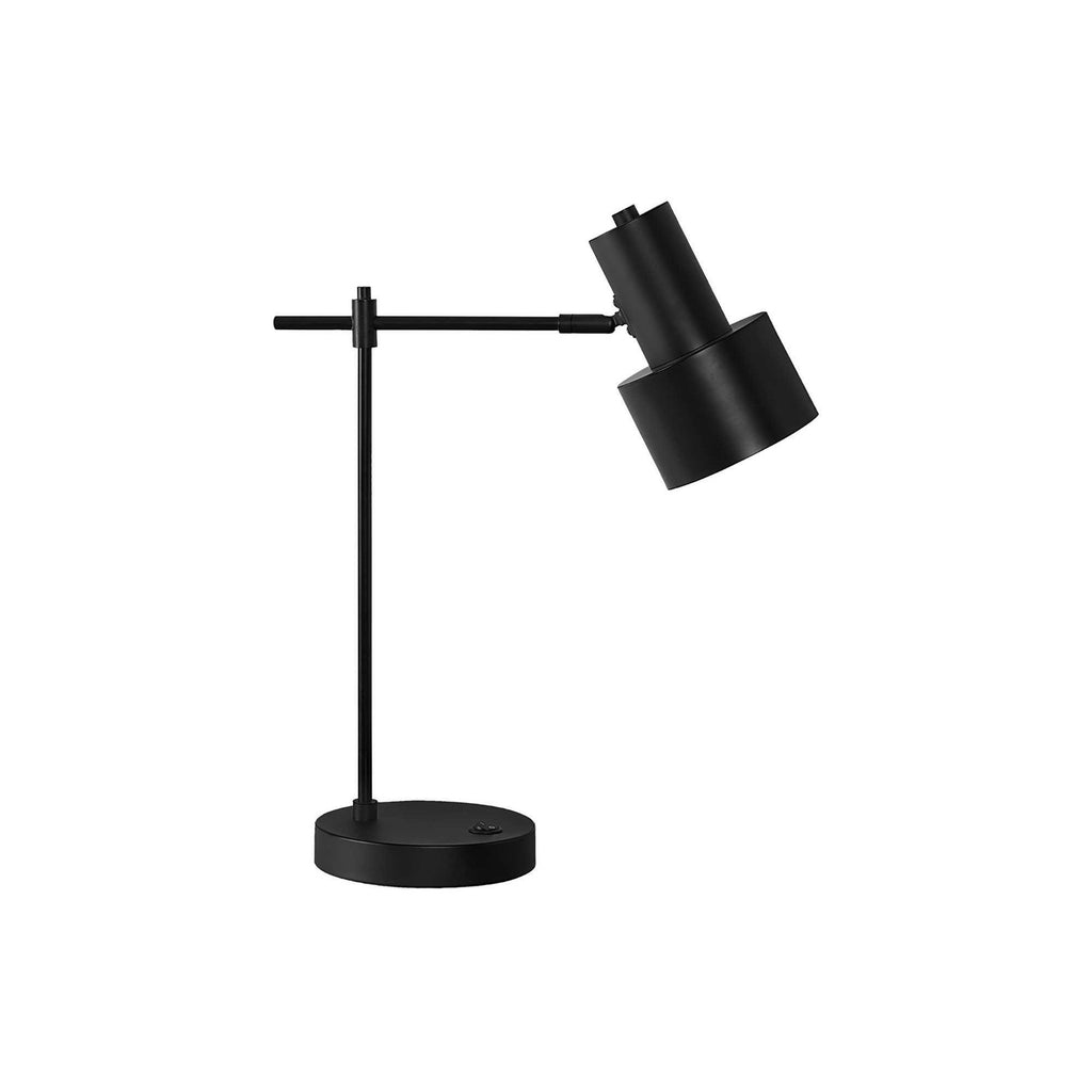 Modern Table Lamp, 21'H, Black Metal Base with USB Port, Black Shade, Adjustable Arm for Desk or Nightstand Use