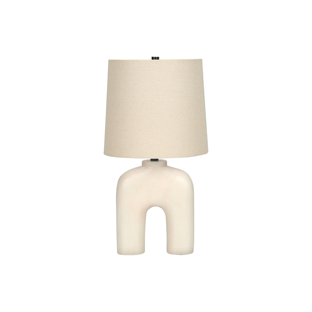 Modern Table Lamp, 25'H, Cream Resin Base with Beige Linen Shade, Black Finial, Contemporary Design