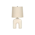 Modern Table Lamp, 25'H, Cream Resin Base with Beige Linen Shade, Black Finial, Contemporary Design