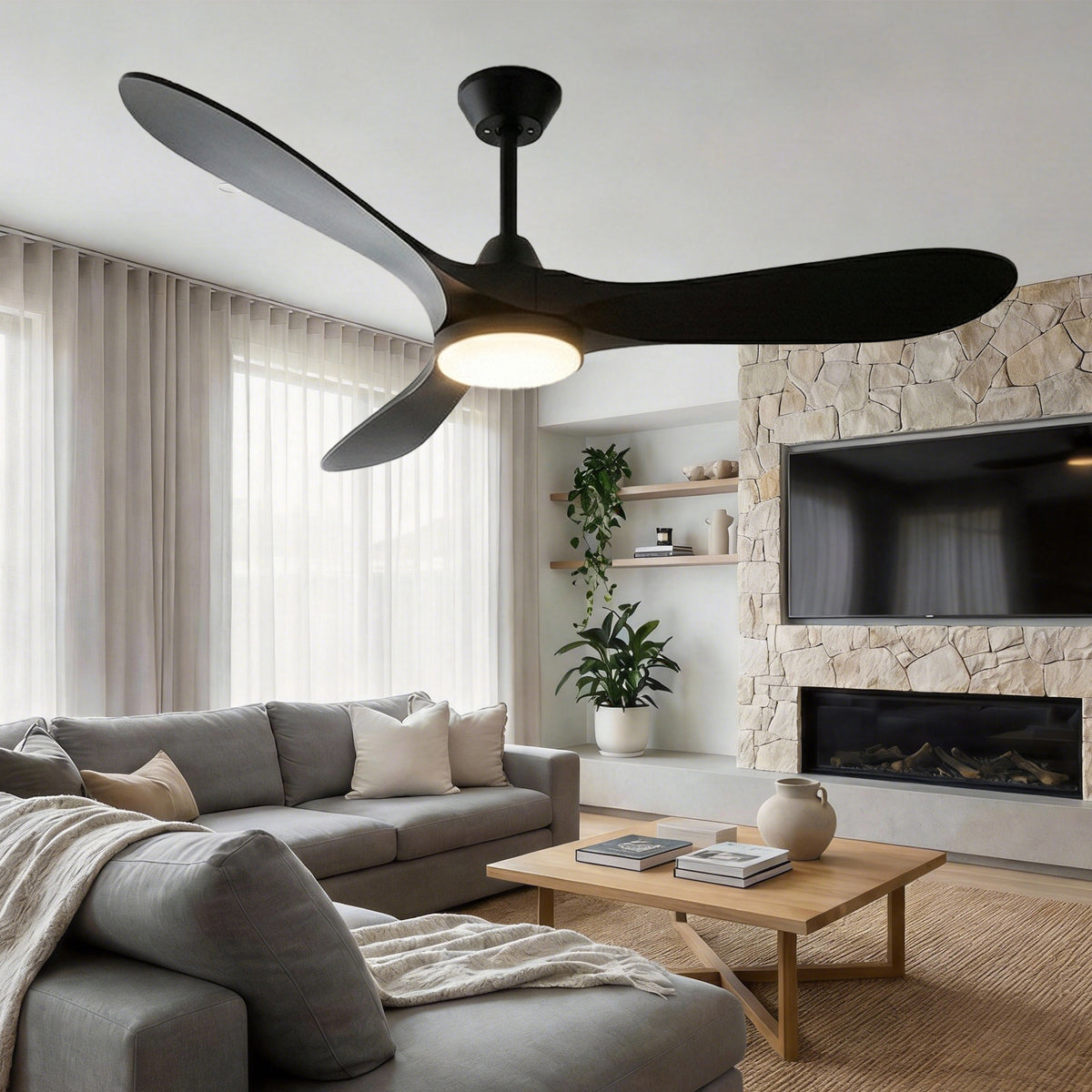 Roomratv Ceiling Fans with Lights and Remote Control,Quiet Noiseless Reversible DC Motor,6 Speeds,Timers, 3 CCT, Indoor Use, Plastic Blades,52 Inch Black Modern Ceiling Fan for Bedroom Living Room