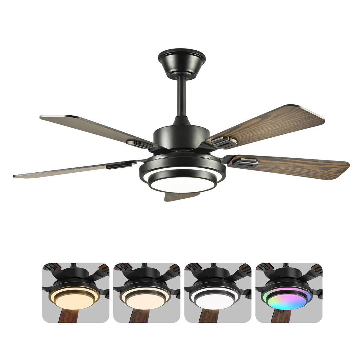 42' 5PCS  Plywood Blades Ceiling Fan with LED  Light 3000-6500K Dimmable,Quiet DC Motor  Ceiling Fans 6 Speed Levels,Reversible Ceiling Fan,for Patio Living Room, Bedroom, Office,Indoor.(Matte Black)