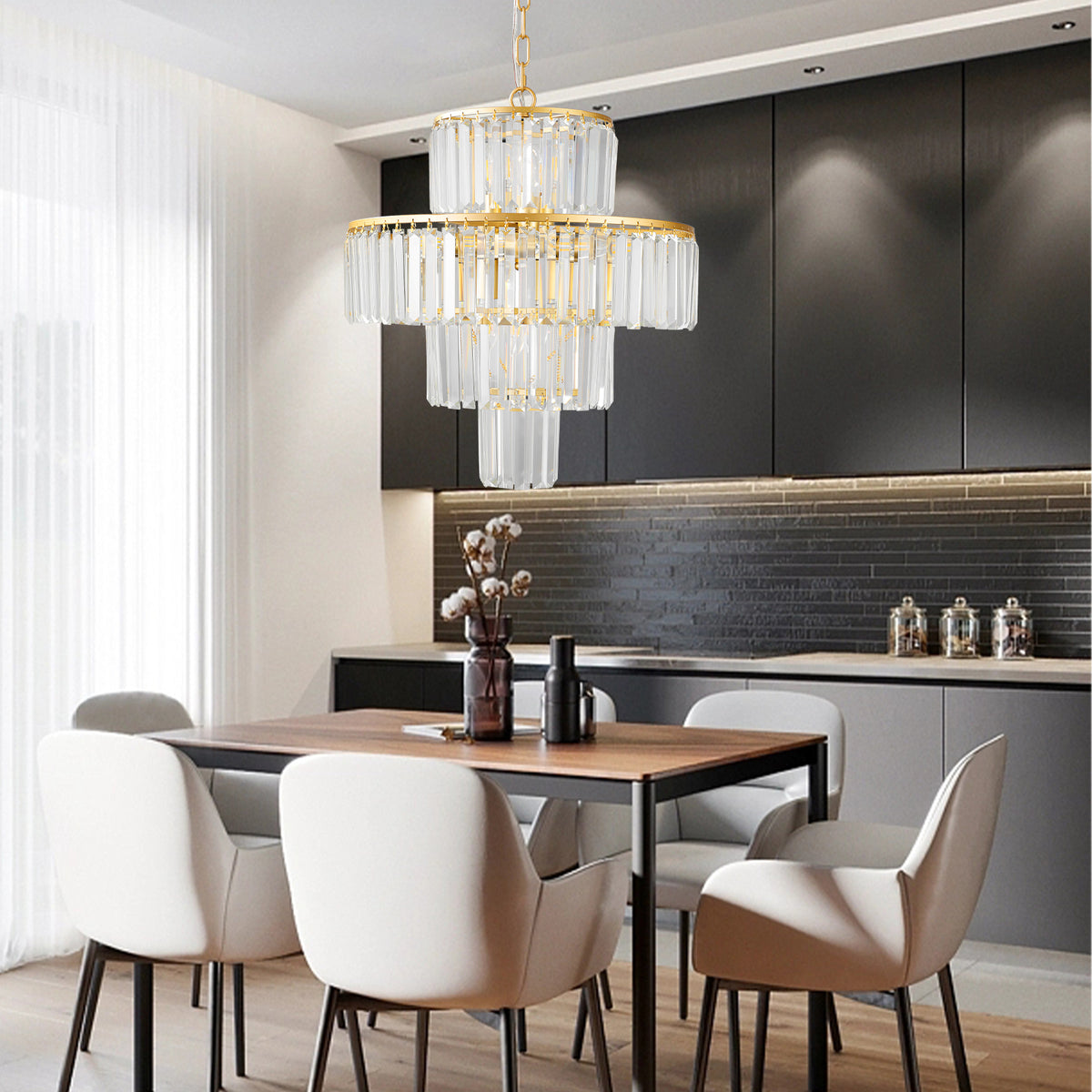 20' Luxury 4-Tier Crystal Chandelier, 12-Light Gold Frame Pendant Light, Elegant Ceiling Lighting for Living Room, Dining Room, Bedroom (No Bulbs)