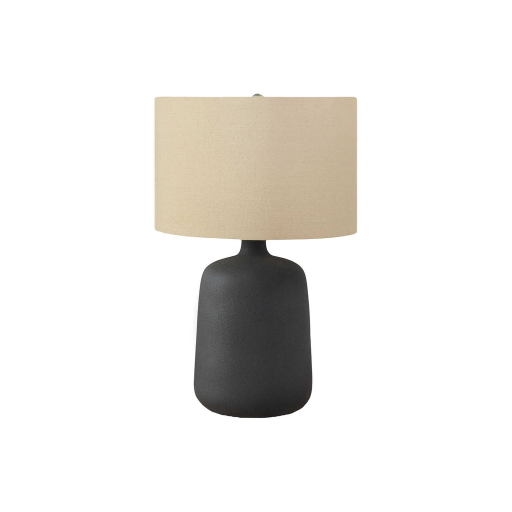Contemporary Table Lamp, 24'H Black Ceramic with Beige Linen Shade, Silver Finial, Modern Design