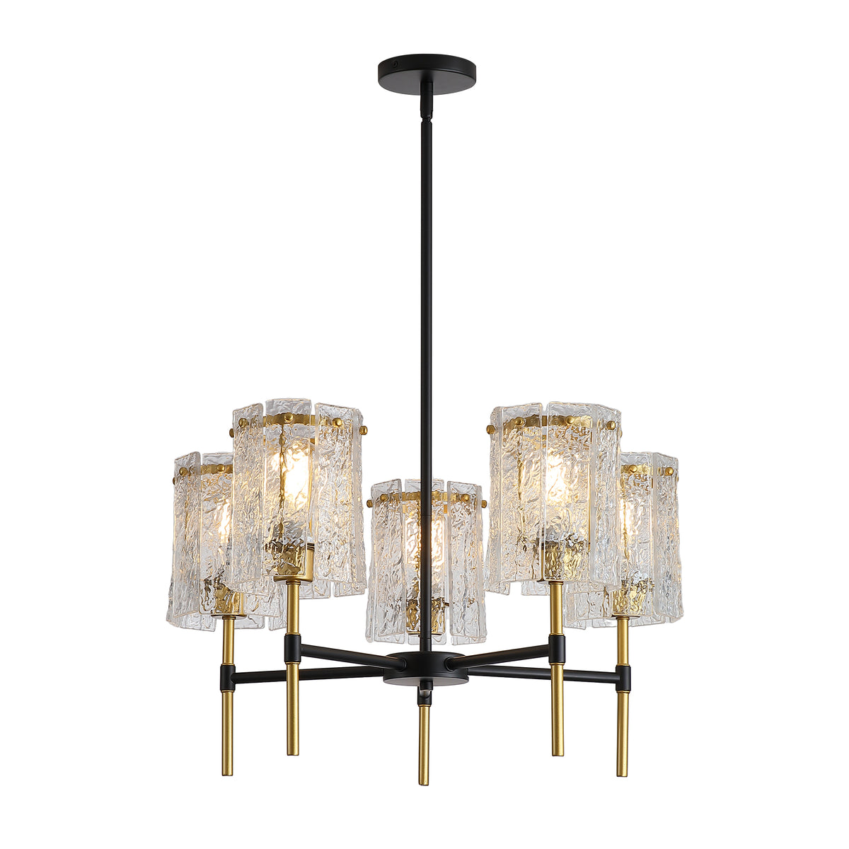 Modern Farmhouse 5-Light Black and Gold Chandelier, Textured Glass Pendant Light with Electroplated Gold Finish for Living Room Dining Room Not Including the Bulb