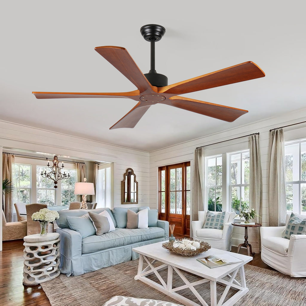 52 Inch Ceiling Fans and Remote, Wood Indoor Outdoor Ceiling Fan  for Patios Living Room Bedroom 5 Blades DC Motor Mid Century Modern Wooden Fan