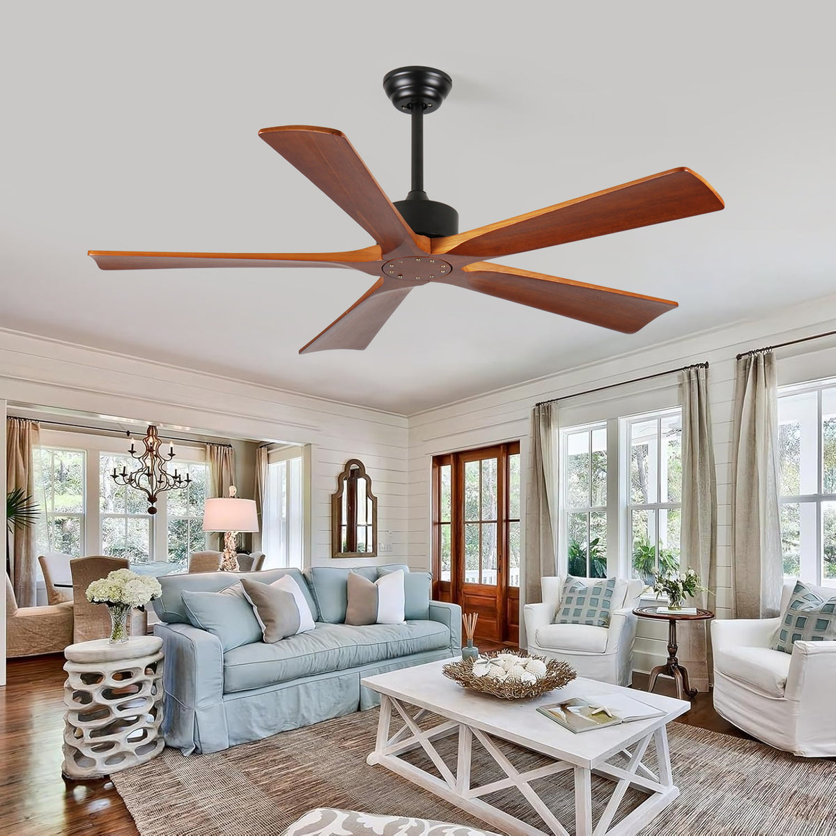 52 Inch Ceiling Fans and Remote, Wood Indoor Outdoor Ceiling Fan  for Patios Living Room Bedroom 5 Blades DC Motor Mid Century Modern Wooden Fan