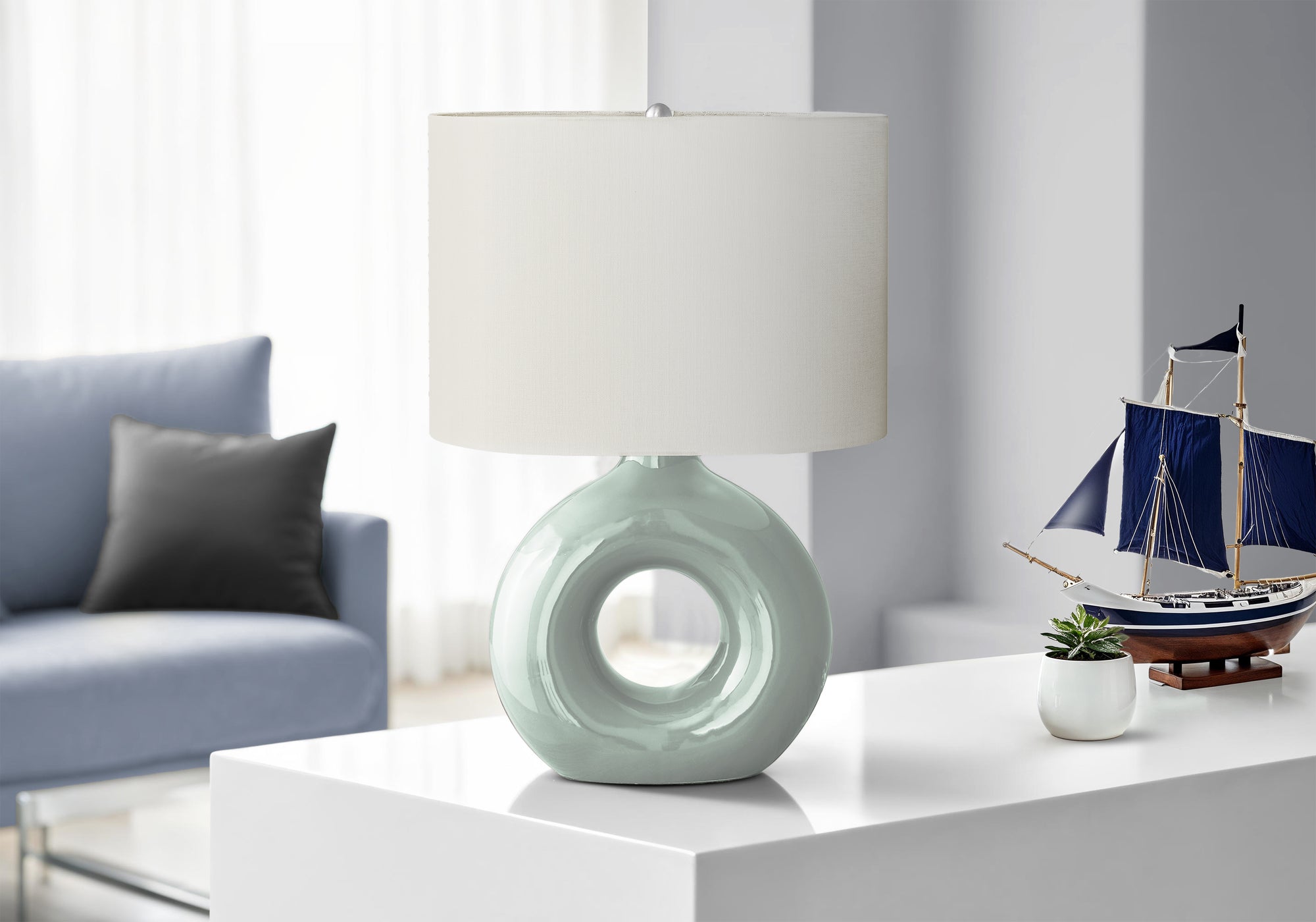 Lighting, 24'h, Table Lamp, Green Ceramic, Ivory / Cream Shade, Contemporary, Modern