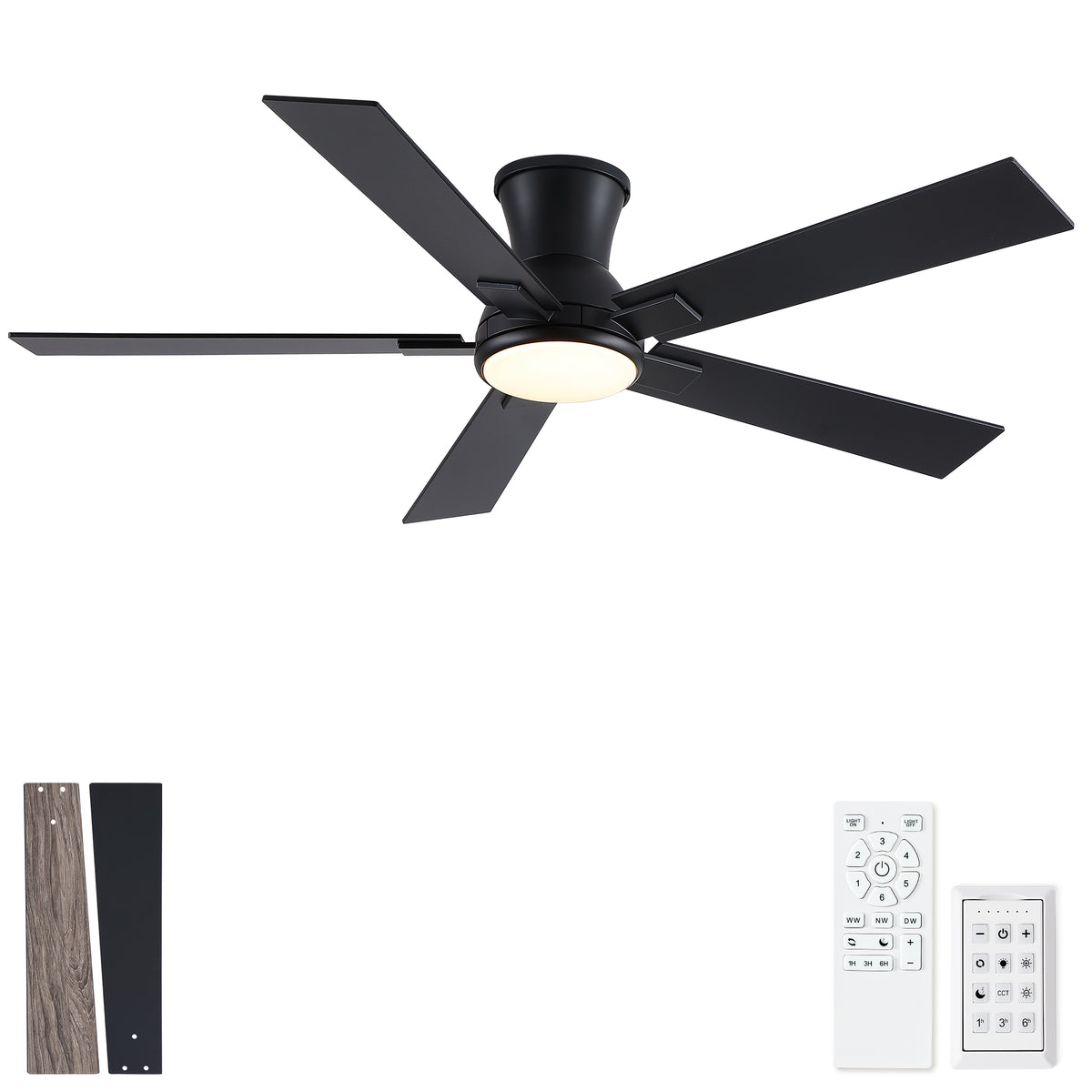 52' Matte Black Modern Low Profile Flush Mount Intergrated LED Ceiling Fan with Light and Reversible Quiet Motor