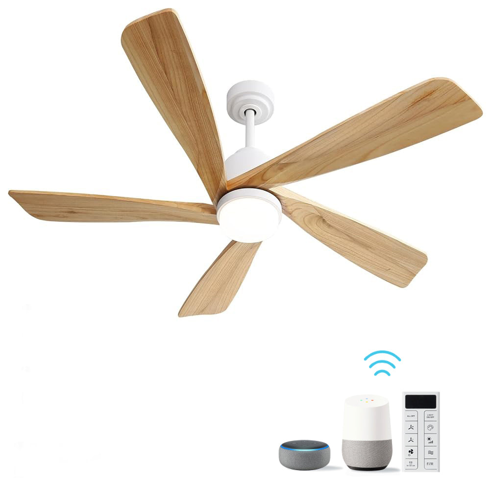 52 Inch Ceiling Fan With Dimmable LED Light 5 Solid Wood Blades Remote Control Reversible DC Motor With Smart Remote Control