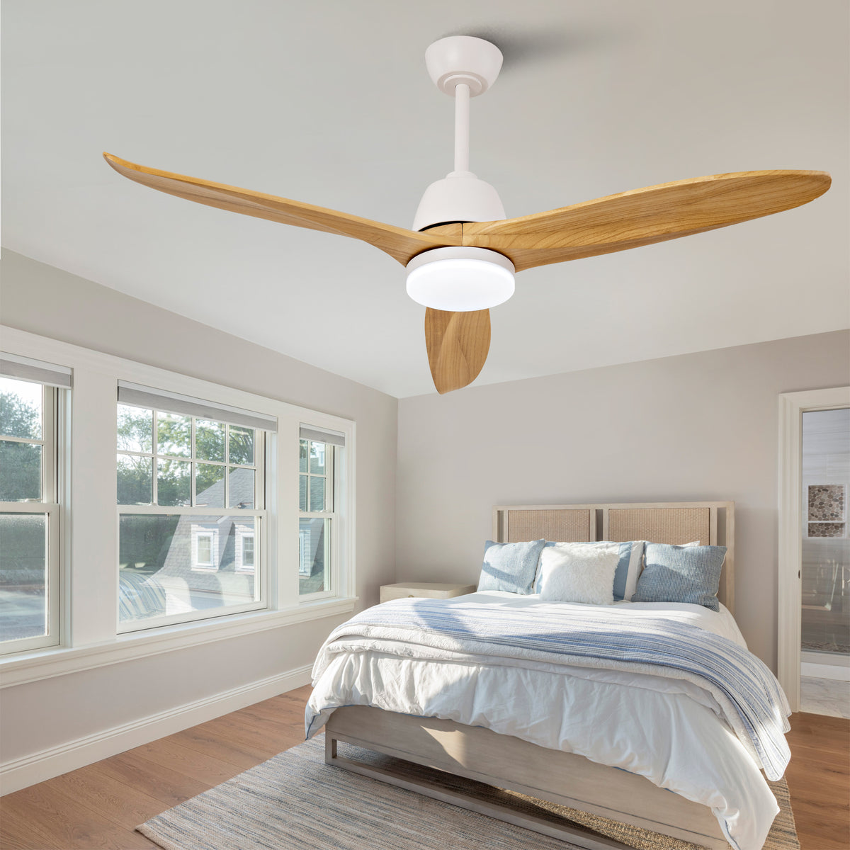 52 Inch Indoor Gold Ceiling Fan With Dimmable LED Light 3 Solid Wood Blades Remote Control Reversible DC Motor