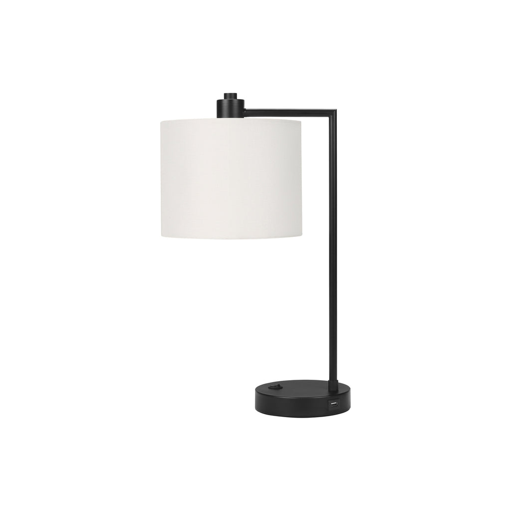 Modern Table Lamp with USB Port, 19'H Black Metal Design, Ivory Cream Shade, Compact Desk Lighting