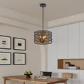 13' Rustic Industrial Pendant Light, 3-Light Black and Walnut Metal Cage Chandelier with Wood Accents for Kitchen Island and Dining Room (No Bulbs)