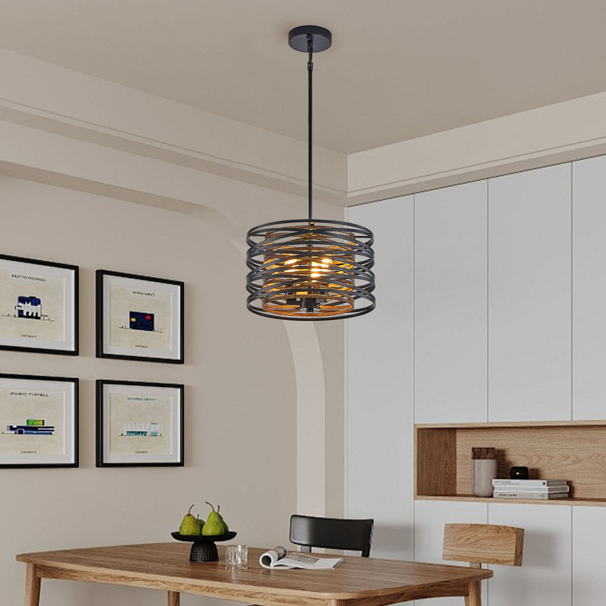 13' Rustic Industrial Pendant Light, 3-Light Black and Walnut Metal Cage Chandelier with Wood Accents for Kitchen Island and Dining Room (No Bulbs)