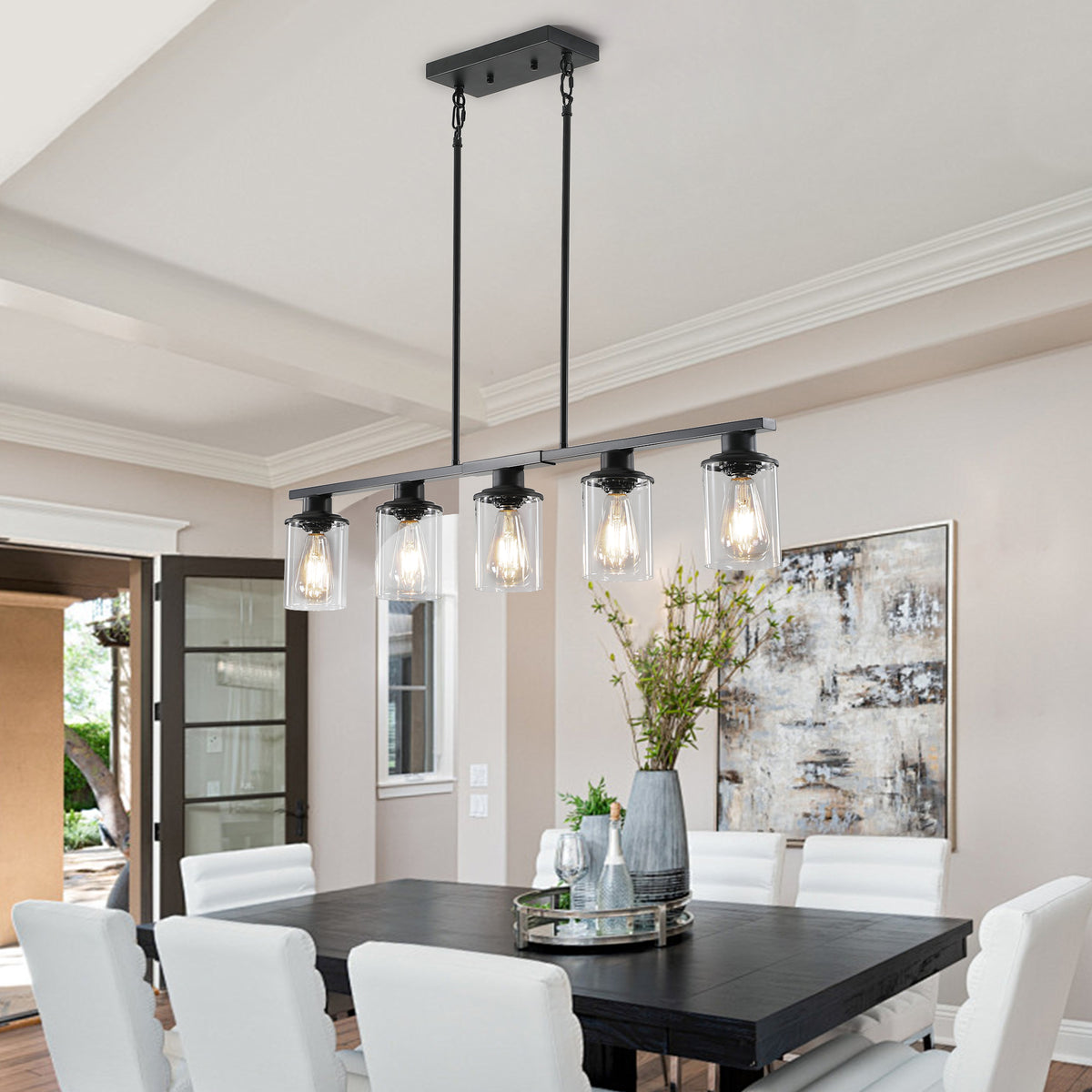 37' Modern Industrial 5-Light Chandelier with Clear Glass Shades, Matte Black Metal Frame Hanging Ceiling Light Fixture for Dining Room, Kitchen Island, Living Room (No Bulbs)