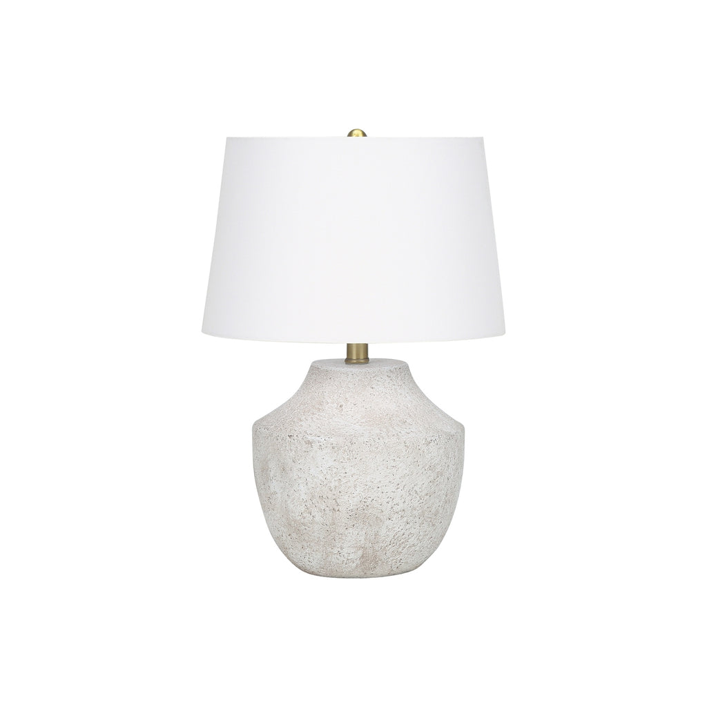 Modern Table Lamp, 20'H, Cream Concrete Base with Ivory/Cream Linen Shade, Gold Finial, Contemporary Decor