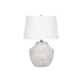 Modern Table Lamp, 20'H, Cream Concrete Base with Ivory/Cream Linen Shade, Gold Finial, Contemporary Decor