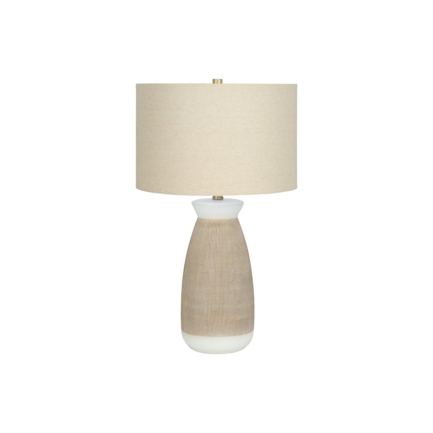 Contemporary Table Lamp, Cream Ceramic Base with Beige Linen Shade, 27'H, Gold Finial, Modern Home Accent