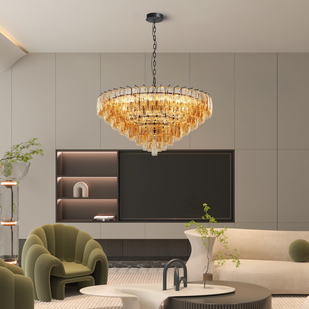 Modern Round Chandelier, 37' Extra Large Black Chandeliers for Dining Room, 14-Light with Tiered Smoke Glass Tubes Ceiling Light, Pendant Lighting Fixture for Living Room Bedroom Kitchen Island