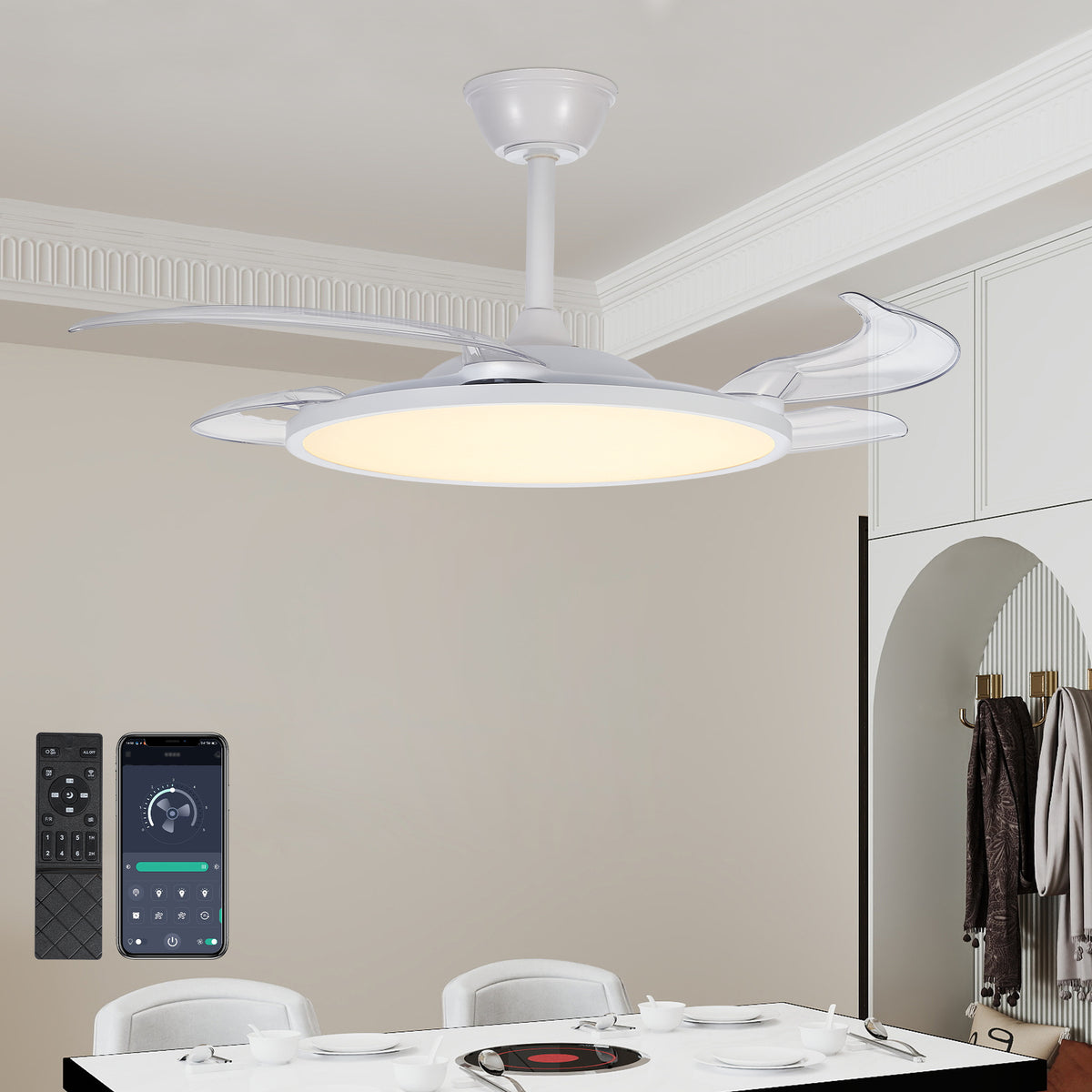 Retractable Ceiling Fans with Lights,42 inch Ceiling Fan with Light and Remote Control,Flush Mount,DC Reversible,3CCT,Low Noise,White Ceiling Fan for Bedroom,Living Room,Kitchen,Indoor