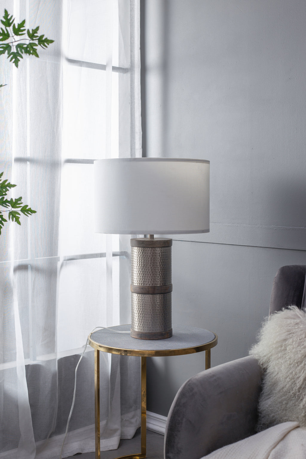 D16x24.4' Hammered Iron Table Lamp with Mango Wood(Lamp Shade Assembly Required)