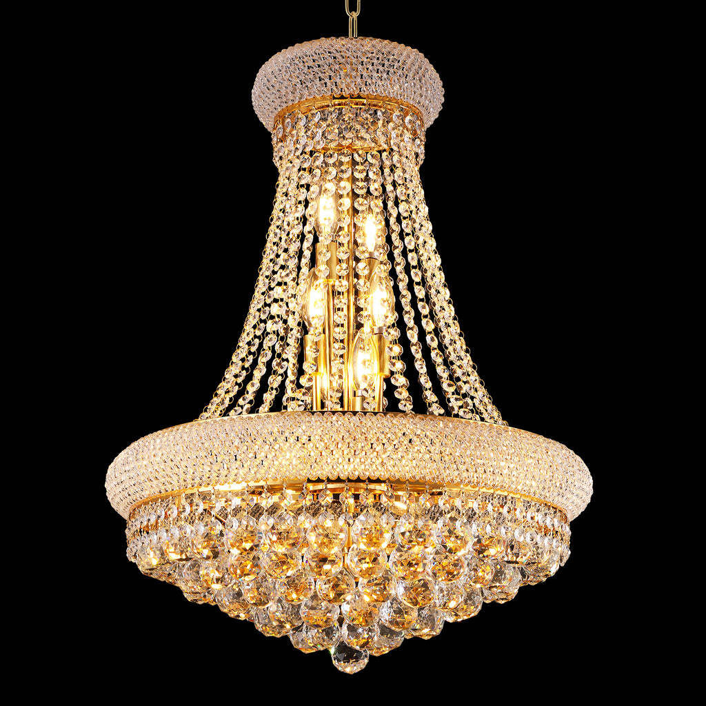 24-Inch Gold Crystal Chandelier, 12-Light French Empire Style Ceiling Light with LED Bulbs, 3000K Warm Light, Ideal for Dining Room, Bedroom, and Living Room