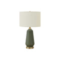 Contemporary Table Lamp with Green Ceramic Base and Ivory Linen Drum Shade, 26'H, Gold Finial Accent