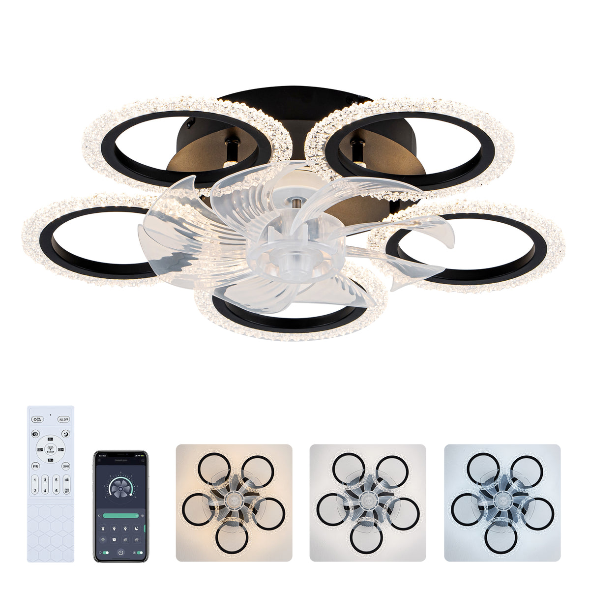 20'' Modern Ceiling Fan with Lights Remote Control.Black, 6 Speeds 3 Light Color Low Profile Flush Mount Ceiling Fan for Kitchen Bedroom