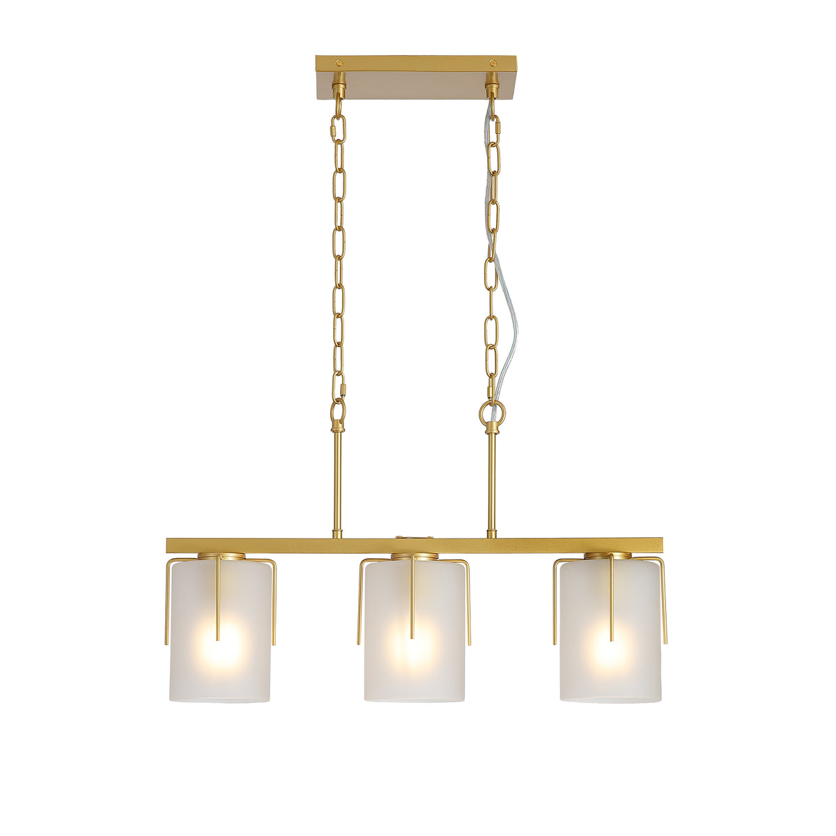 Modern Gold 3-Light Linear Chandelier, E26 Base, Adjustable Height Pendant Light with Milky White Frosted Glass Shades, Industrial Kitchen Island Lighting for Dining Room, Hallway, Entryway
