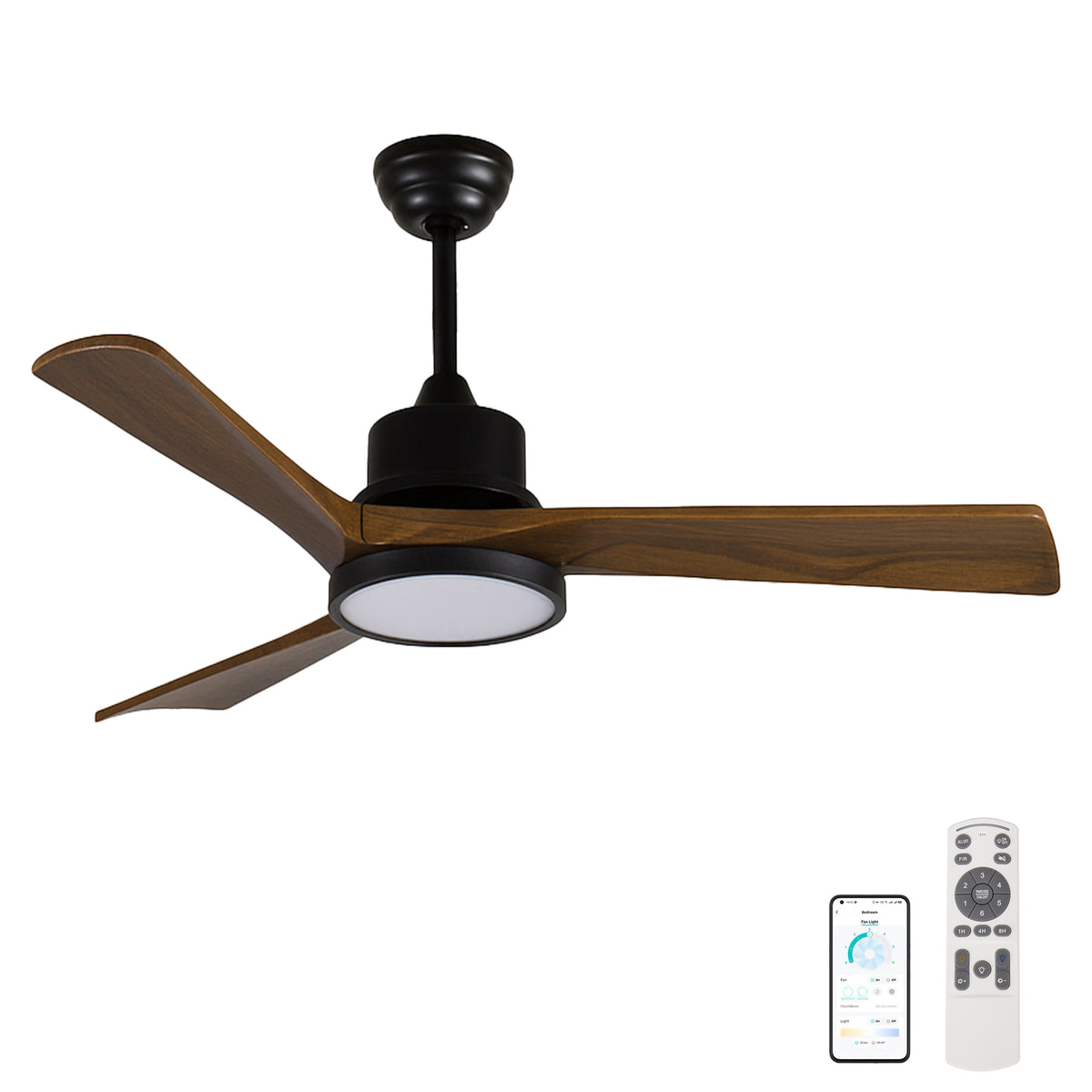 42-Inch Ceiling Fan with Light, Solid Wood Blades, 2 Downrods for Sloped Ceiling ≤15°, Quiet Reversible DC Motor, APP & Remote Control, 6 Speeds, Timer, Dimmable Full-Spectrum LED, for Bedroom