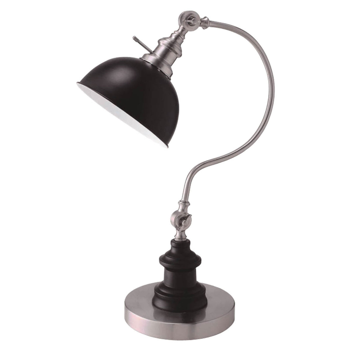 Industrial Style 1pc Table Lamp Stain Nickel Circular Metal Base Curved Stem Lamp
