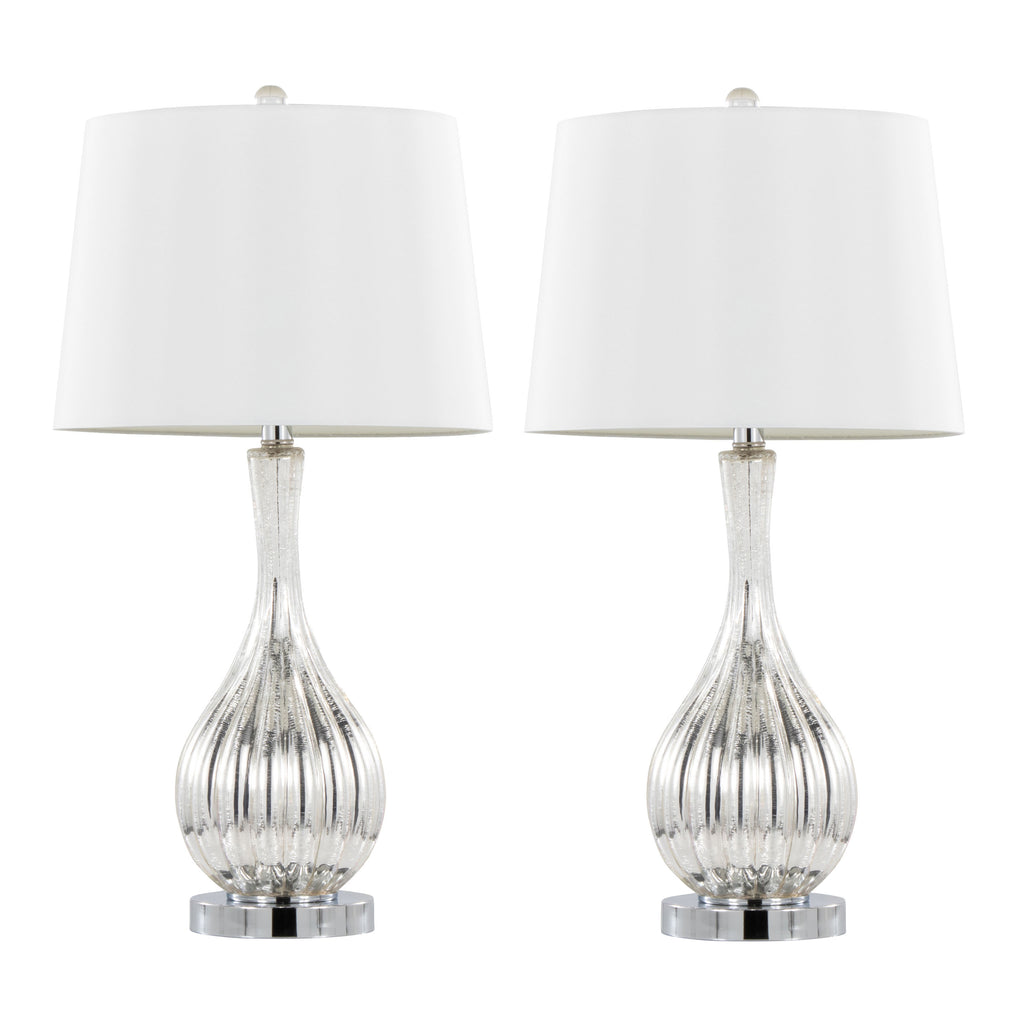 Glass Table Lamp in Silver Crackle Glass and Chrome Metal with White Linen Shade - Set of 2