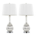 Glass Table Lamp in Silver Crackle Glass and Chrome Metal with White Linen Shade - Set of 2